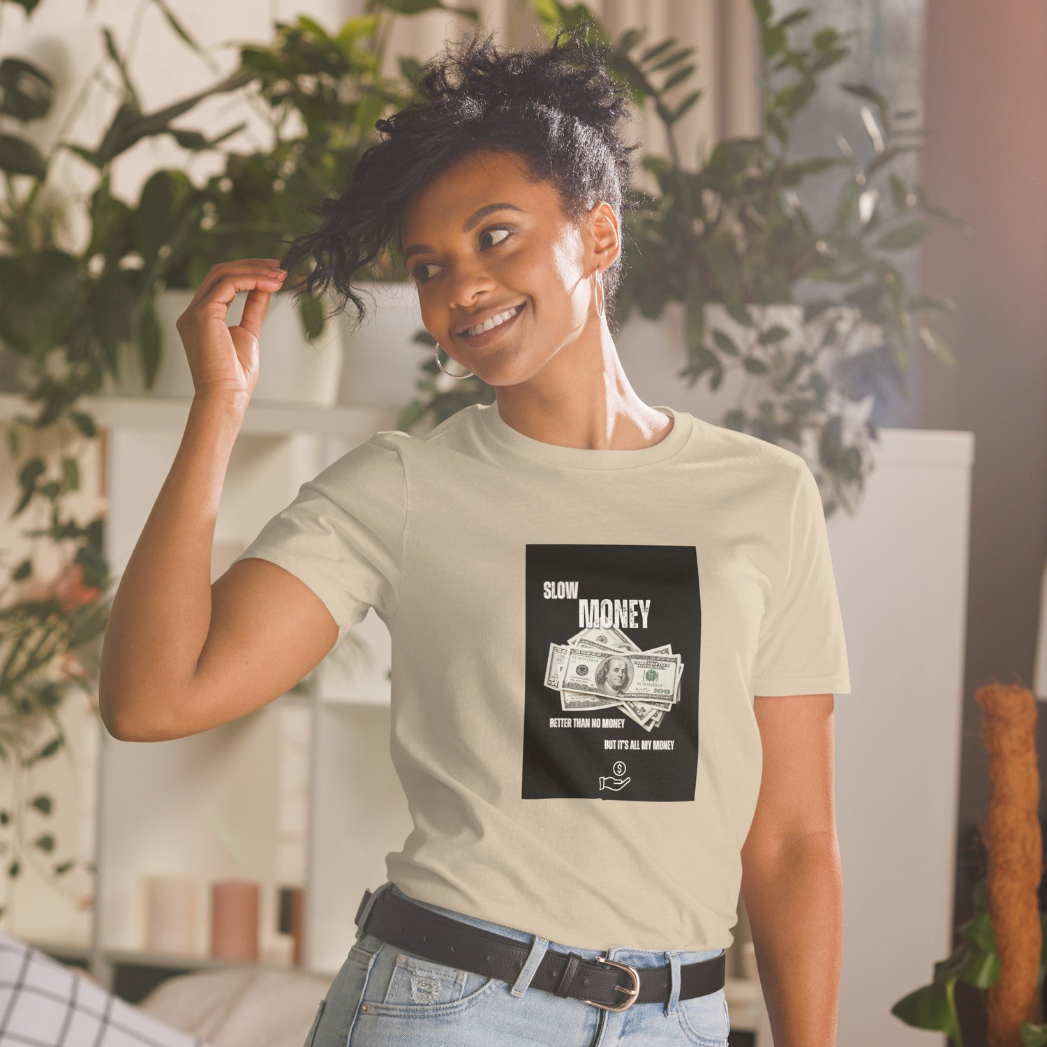 Natural unisex T-shirt with short sleeves and &