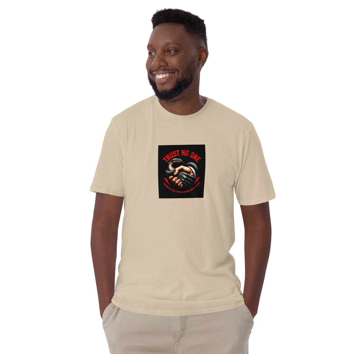 Beige unisex T-shirt with front square “Trust No One” graphic print