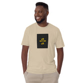 Beige unisex short-sleeve T-shirt with US logo square graphic on front