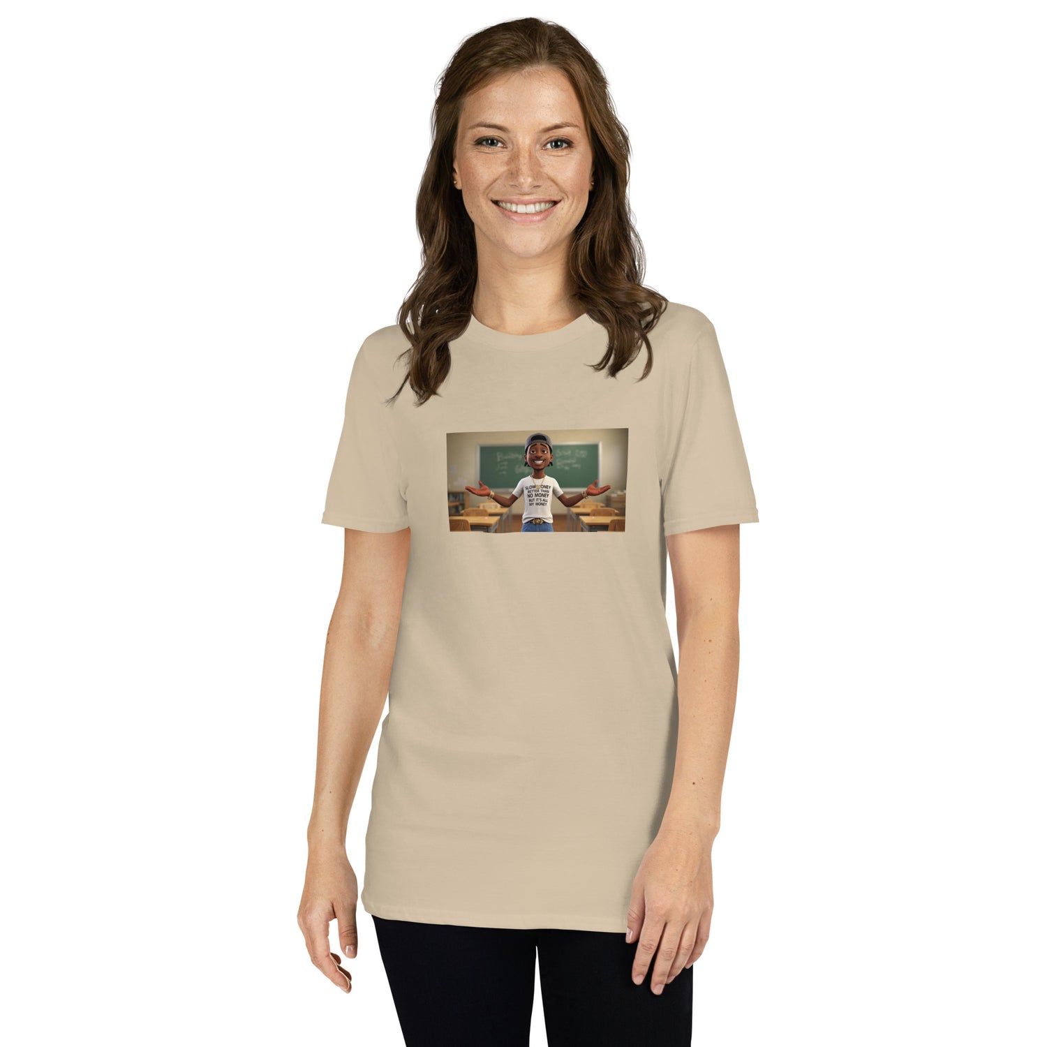Beiges Unisex-T-Shirt mit Kurzarm und Frontprint
