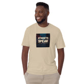 Unisex sand short-sleeve T-shirt with STREETS SPEAK front graphic print