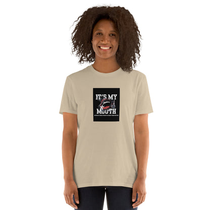 Natural beige unisex short-sleeve T-shirt with “It’s My Mouth” chest graphic