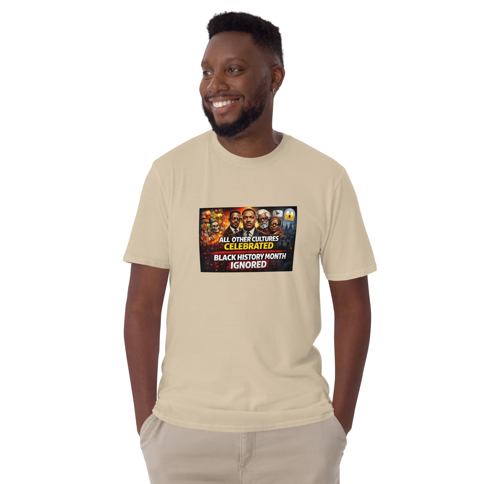 Sand unisex T-shirt with “Black History Month Ignored” chest graphic