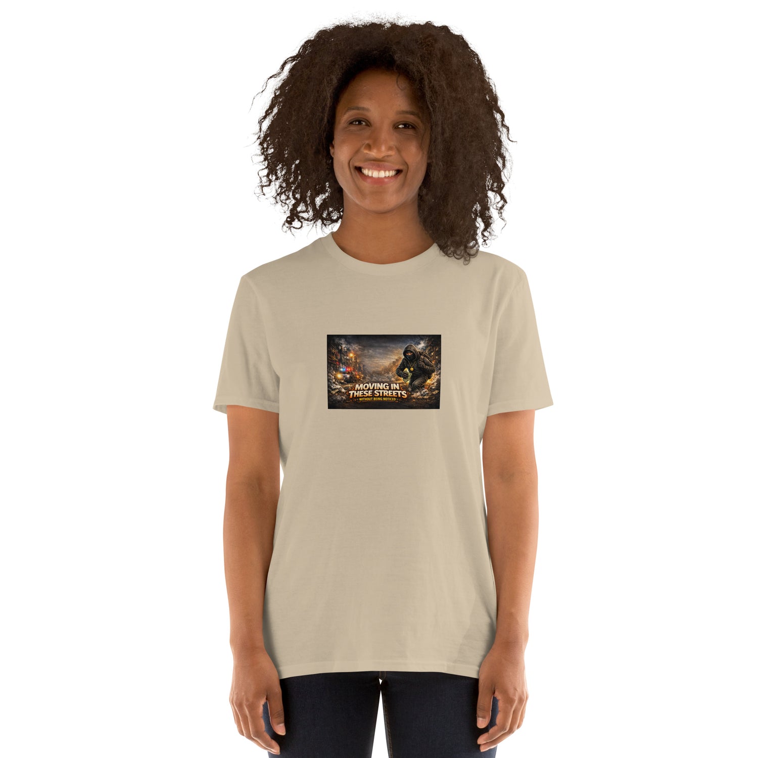 Sand/beige T-shirt with chest graphic print and crew neck