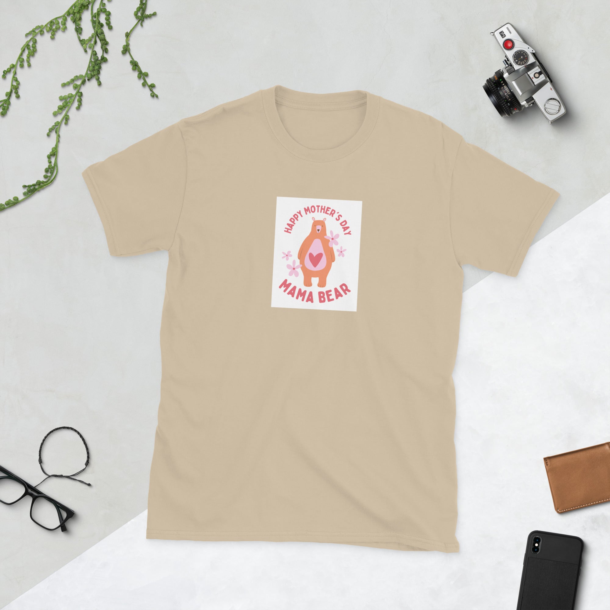 Happy Mother’s Day unisex T-shirt, sand front with “Mama Bear” graphic