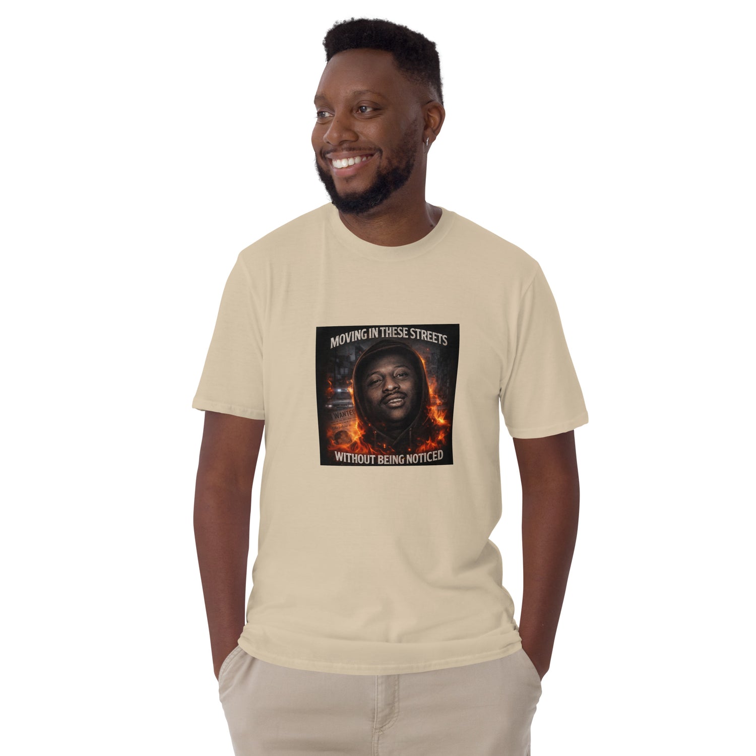 Sand/beige unisex T-shirt with front photo graphic, crew neck