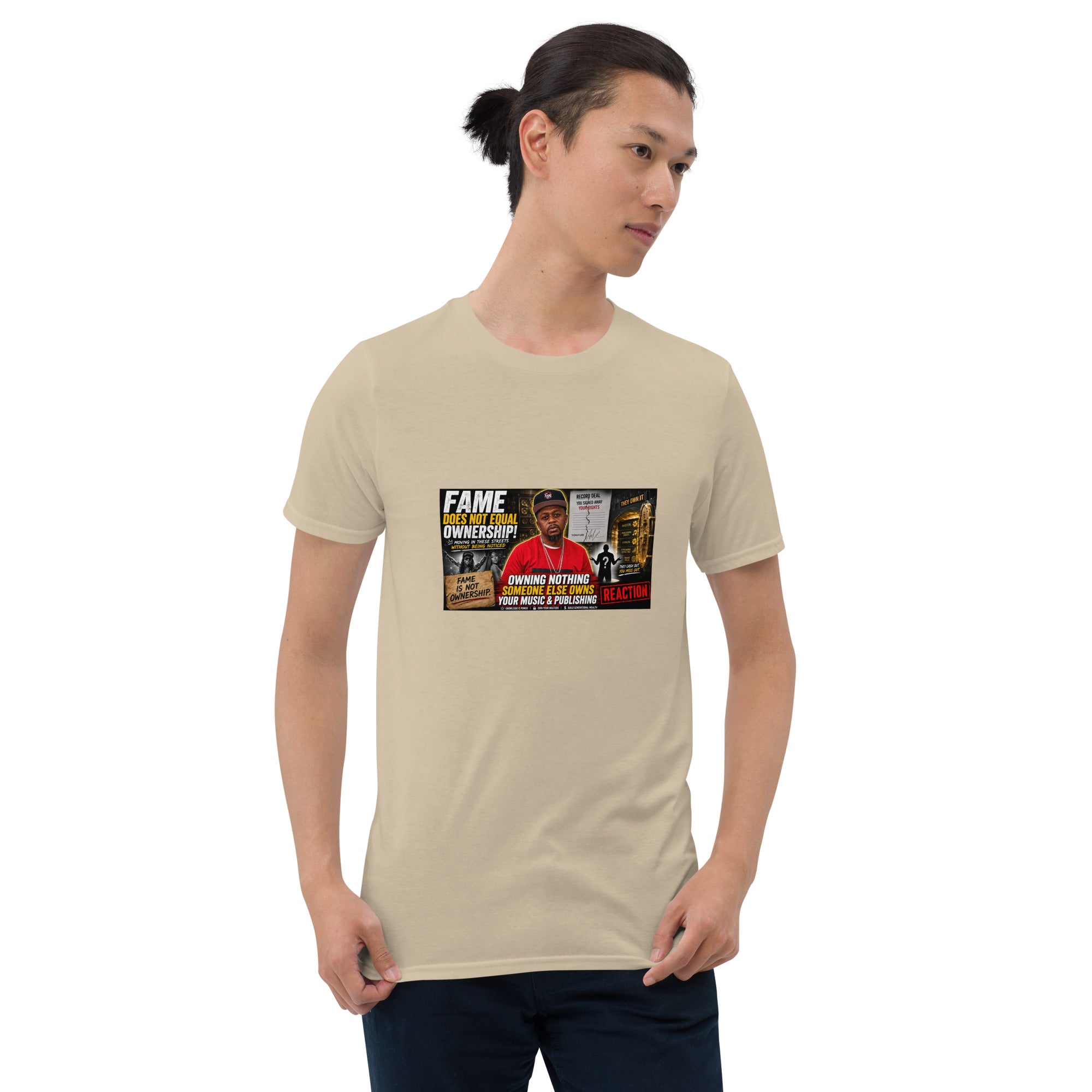 Sand unisex short-sleeve T-shirt with front graphic print and crew neckline.