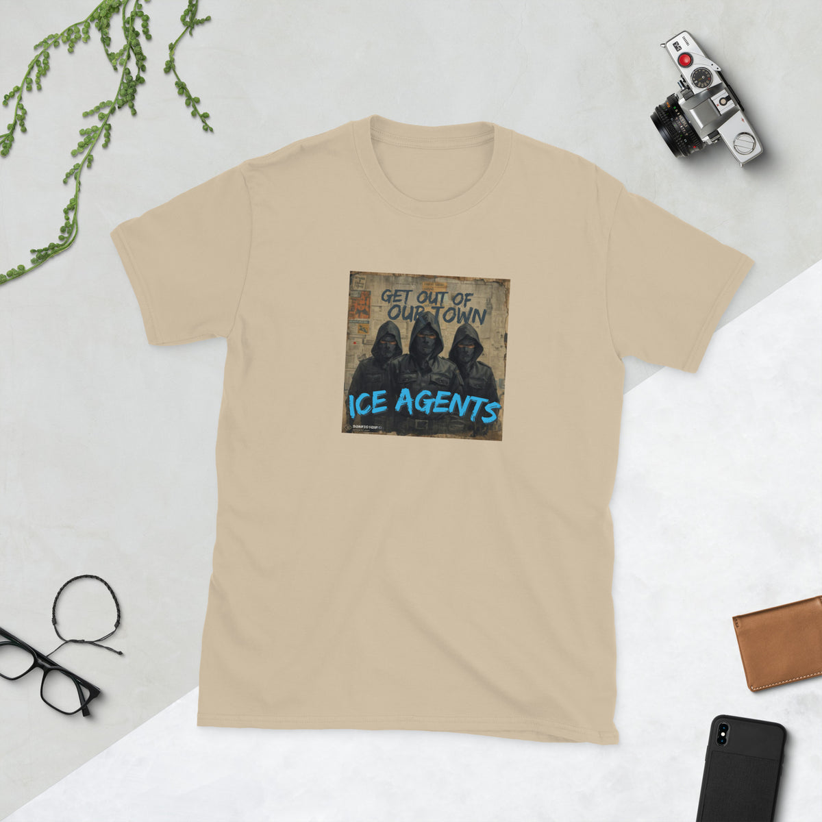 Natural color crewneck graphic tee with square front print reading "ICE AGENTS"