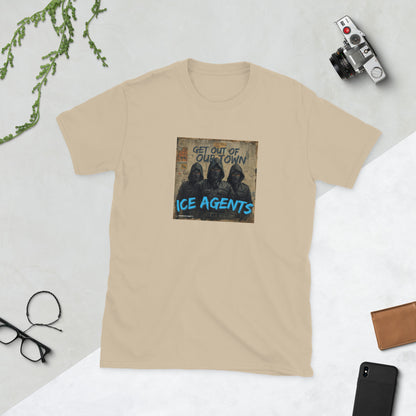 Natural color crewneck graphic tee with square front print reading "ICE AGENTS"