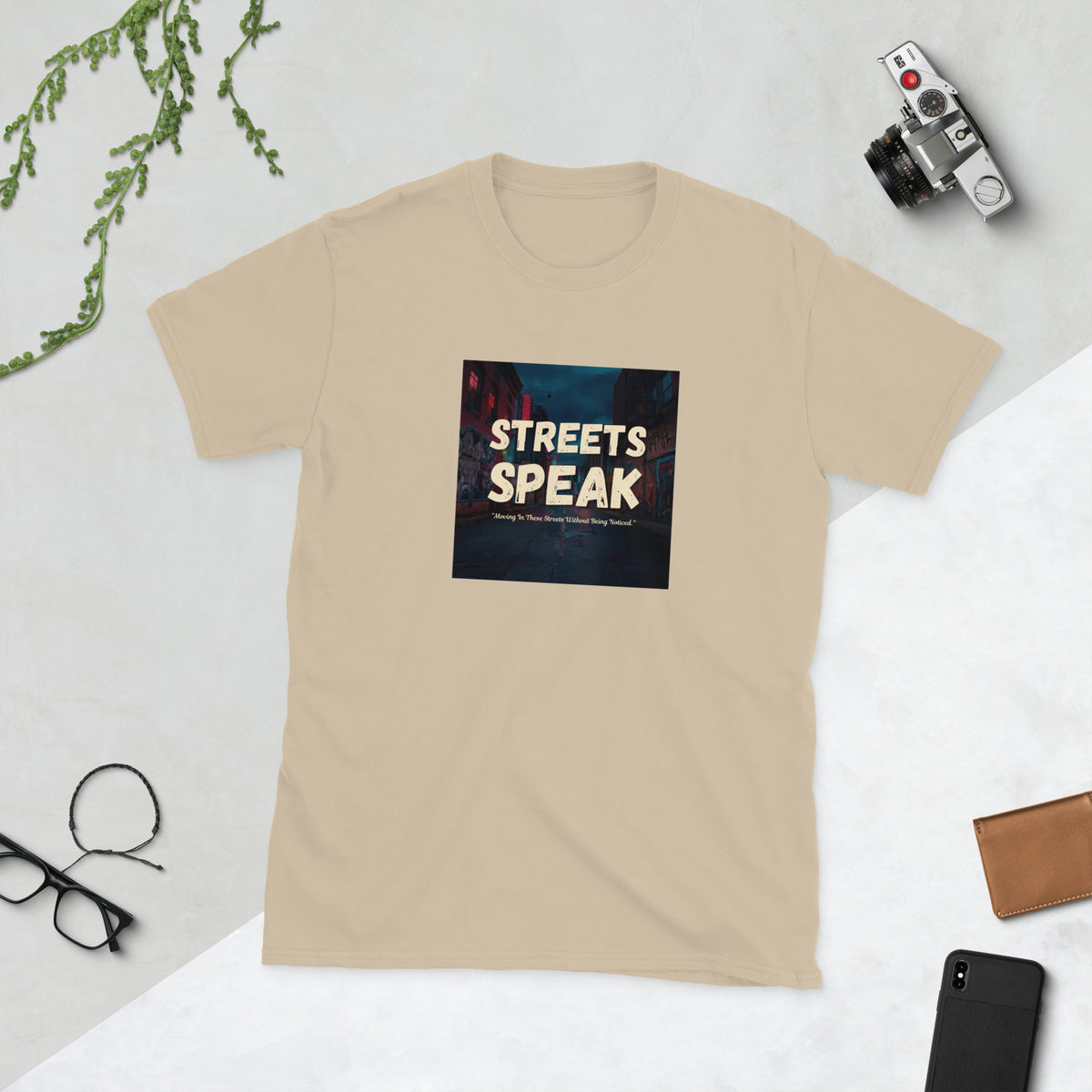 Sand crewneck graphic tee with square “STREETS SPEAK” front print