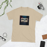 Sand crewneck graphic tee with square “STREETS SPEAK” front print