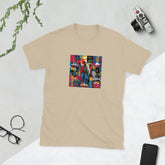MIS Apparel streetwear graphic tee, sand, front colorful comic-style square print