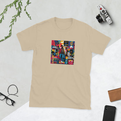 MIS Apparel streetwear graphic tee, sand, front colorful comic-style square print