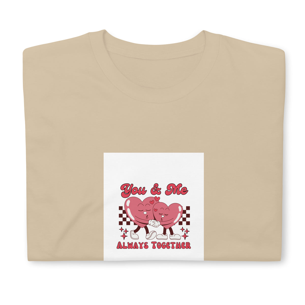 Sand graphic tee with “You &amp; Me” pink couple and “Always Together” text