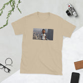 Beige graphic streetwear T-shirt with front photo print rectangle design