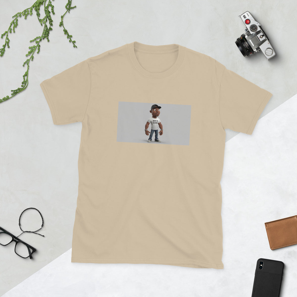 Sand unisex T-shirt with centered photo graphic on front