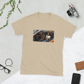 Graphic tee in light tan with rectangular photo-style front print