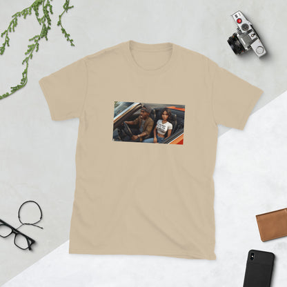 Graphic tee in light tan with rectangular photo-style front print