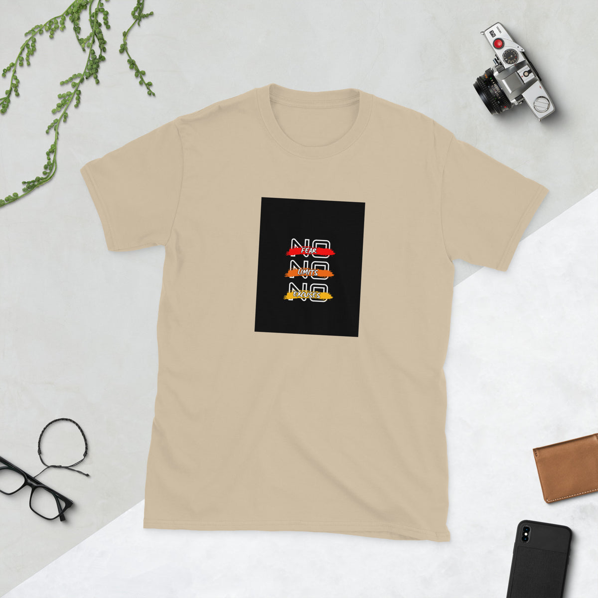 Beige graphic crewneck tee with multicolor square logo on the chest
