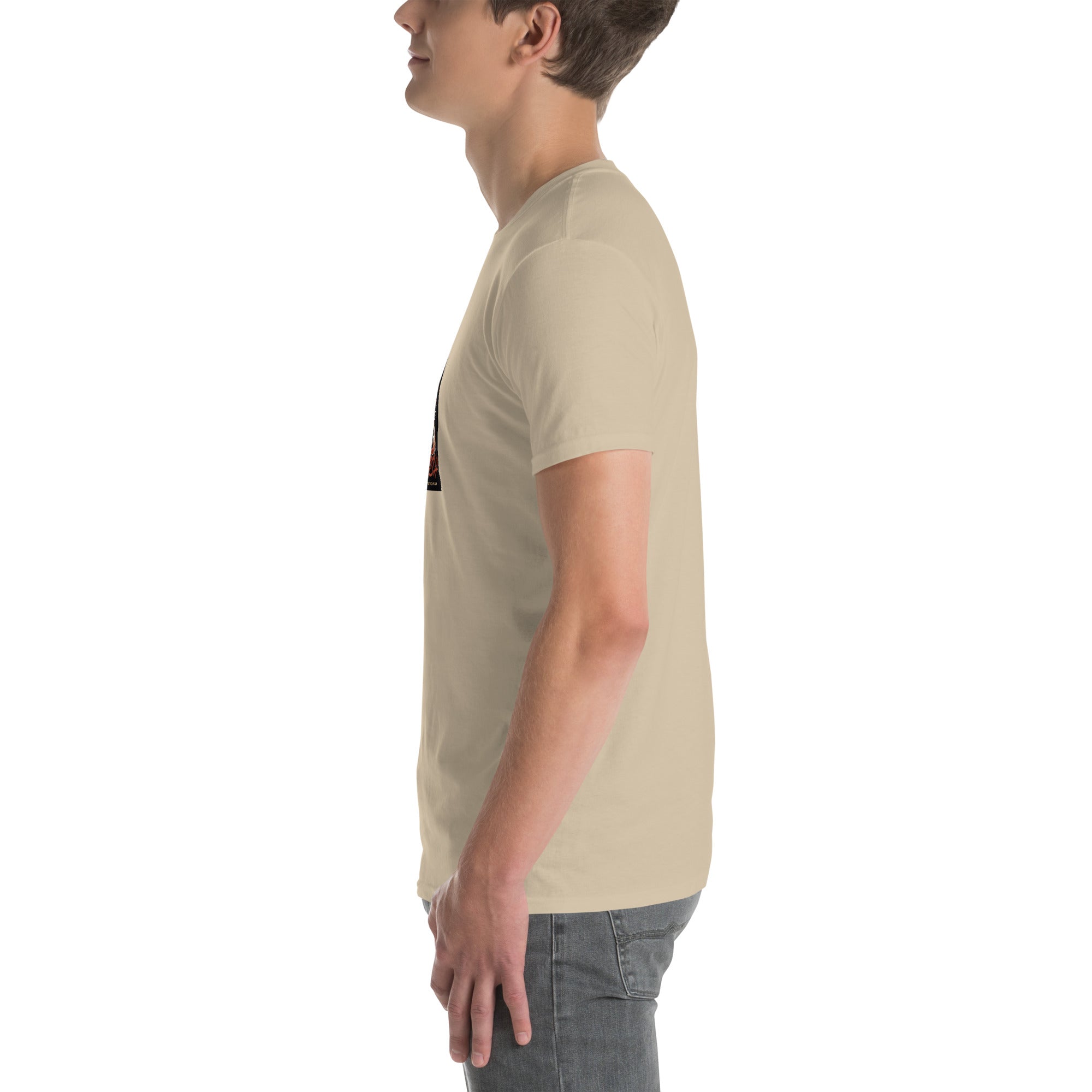 Sand/tan unisex short-sleeve T-shirt, side view with partial graphic at hem