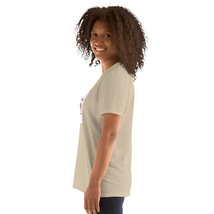 Unisex short-sleeve T-shirt sand/khaki side view; sleeve and hem visible
