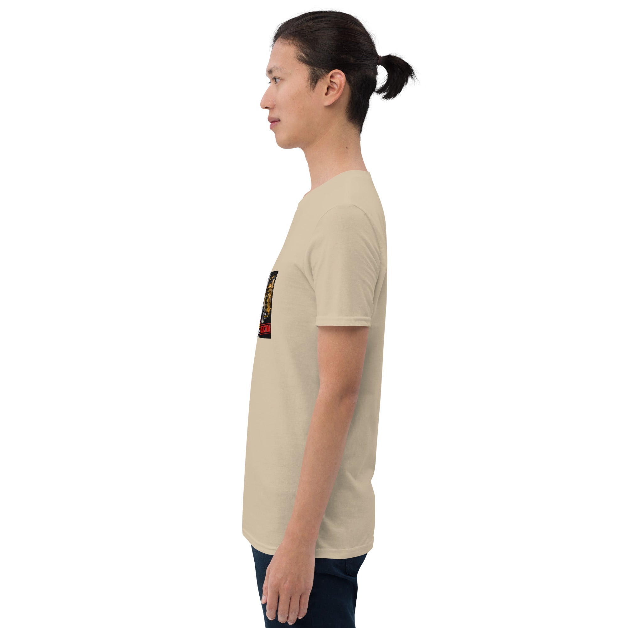 Unisex short-sleeve t-shirt, tan, side view, graphic print on sleeve