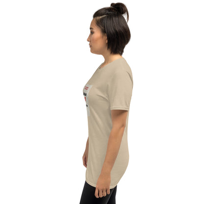 Sand unisex T-shirt side view with small sleeve text graphic
