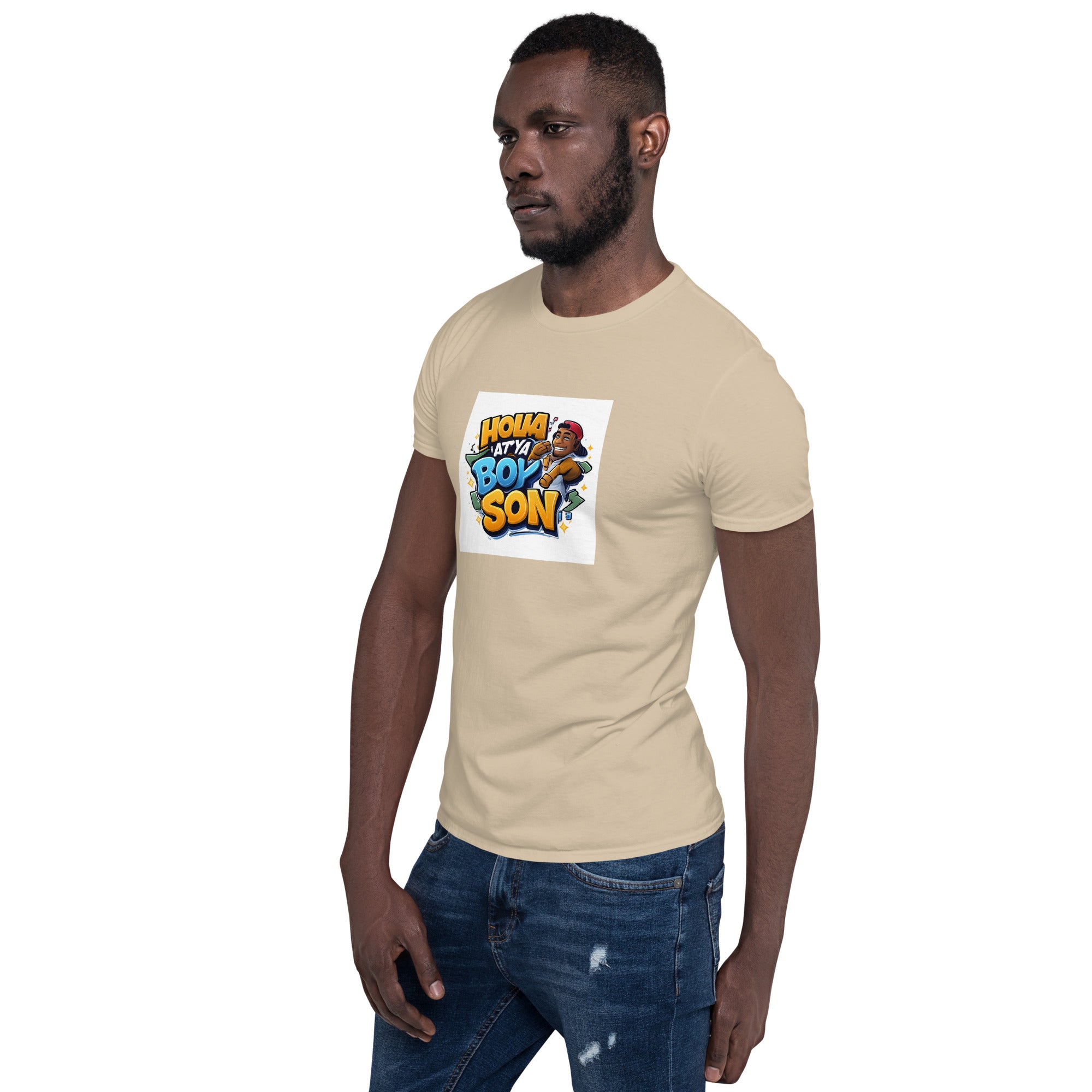 Sand unisex short-sleeve T-shirt with front graphic, model standing