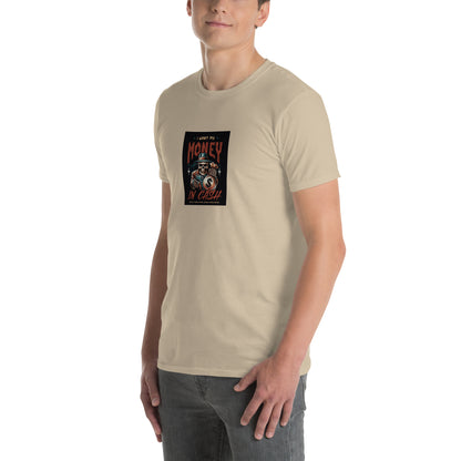 Sand/tan unisex short-sleeve T-shirt, front view with square “MONEY IN CASH” graphic