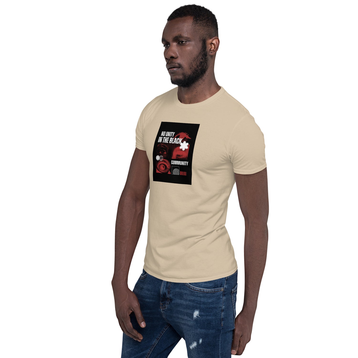 Unisex T-Shirt, sand/beige angled front view with crew neck and graphic