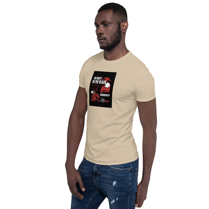 Unisex T-Shirt, sand/beige angled front view with crew neck and graphic