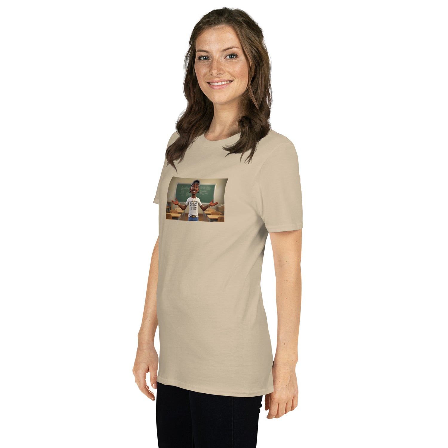 Beiges Unisex-T-Shirt mit mittigem Frontprint