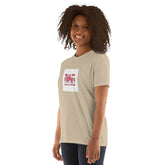 Unisex short-sleeve T-shirt sand/khaki with front heart graphic in white square