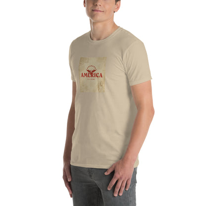 America Is A Scam unisex T-shirt, natural/beige, front graphic square, short sleeves