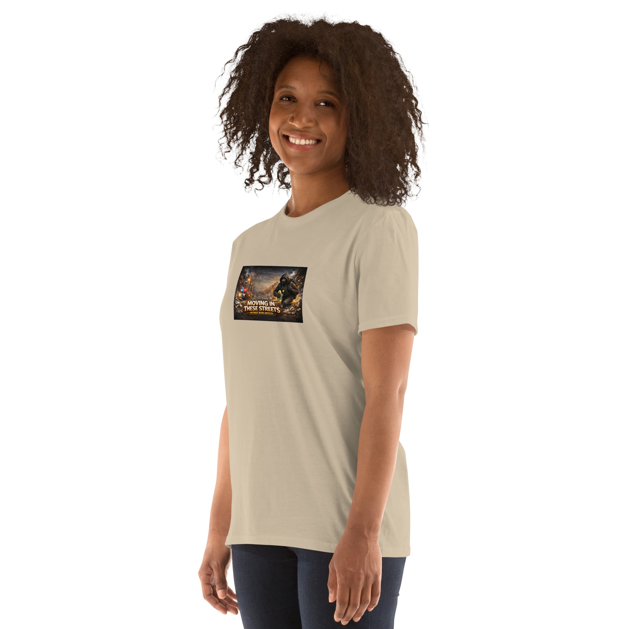 Light beige T-shirt with front square graphic print; crew neck and short sleeves.