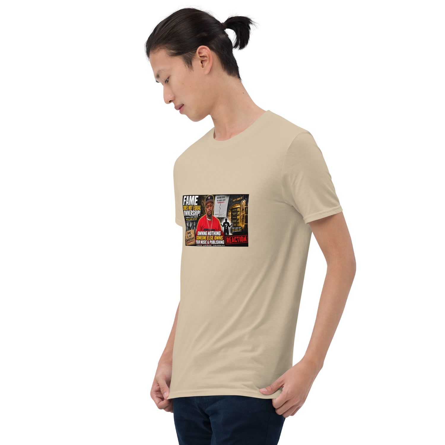 Unisex short-sleeve t-shirt, tan, front view, rectangular chest graphic