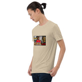 Unisex short-sleeve t-shirt, tan, front view, rectangular chest graphic