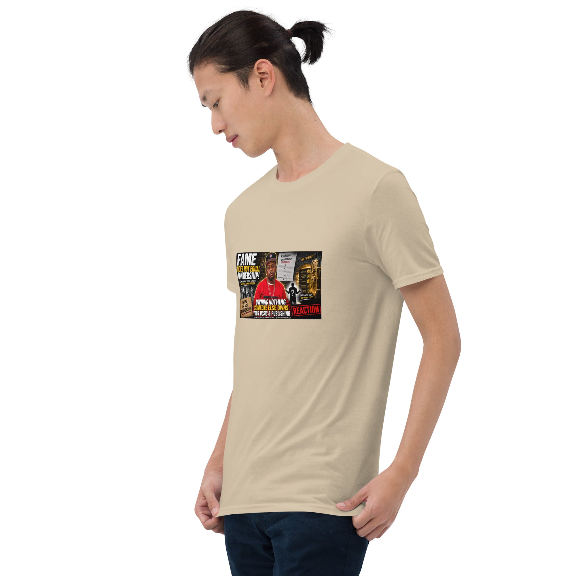 Unisex short-sleeve t-shirt, tan, front view, rectangular chest graphic