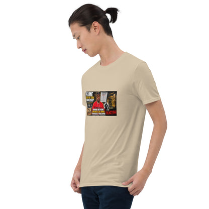 Unisex short-sleeve t-shirt, tan, front view, rectangular chest graphic