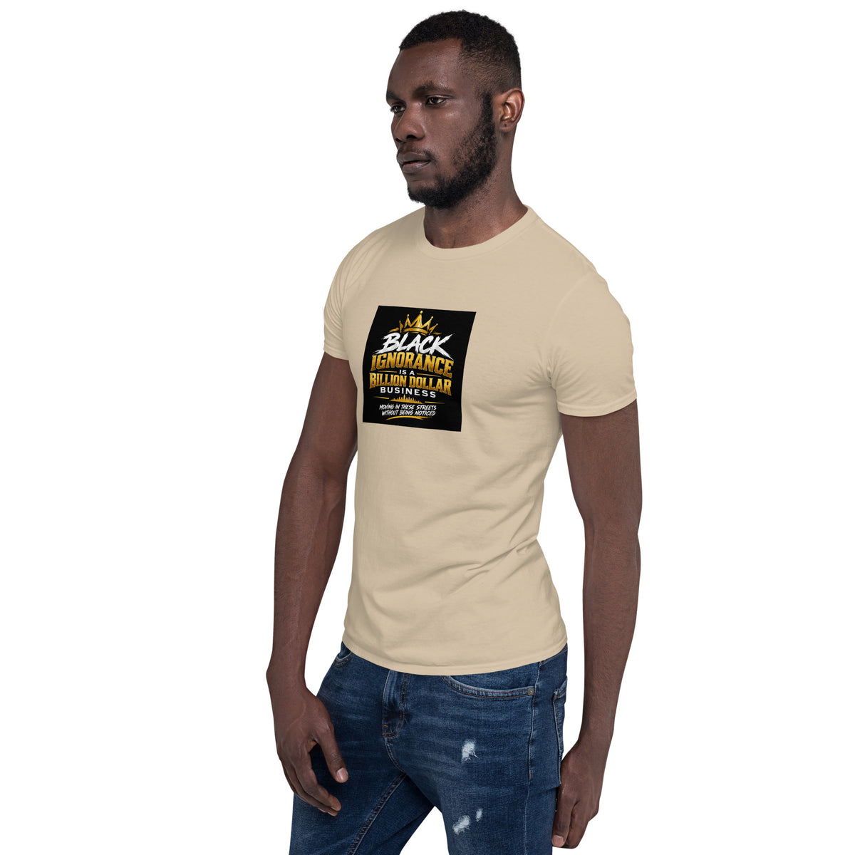 Sand unisex short-sleeve T-shirt with chest graphic logo print, front angle