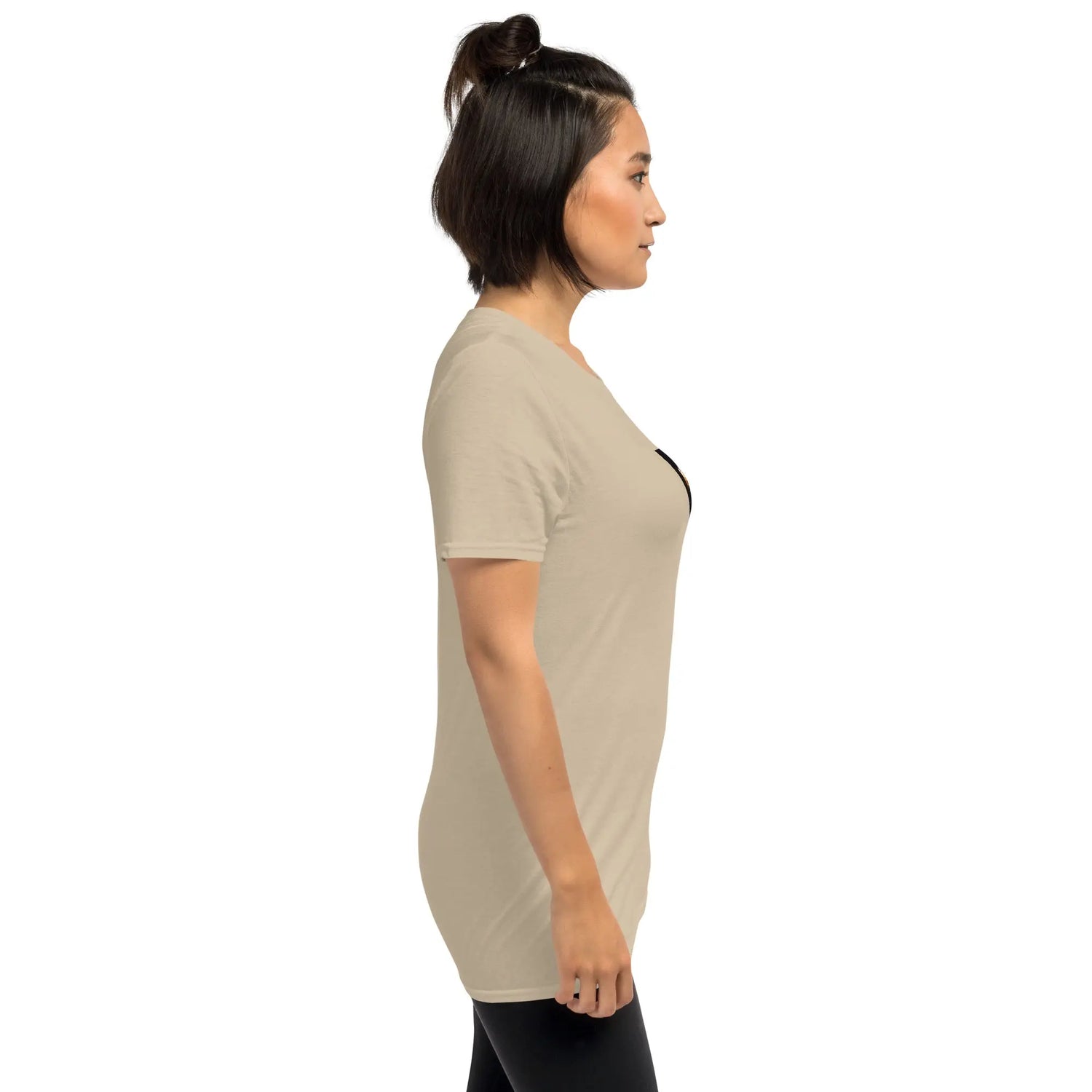 Sand unisex T-shirt back side view with short sleeves and crew neck