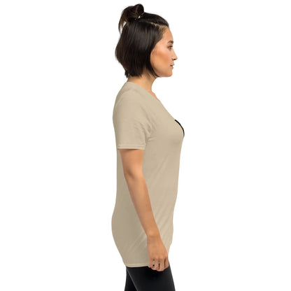 Sand unisex T-shirt back side view with short sleeves and crew neck