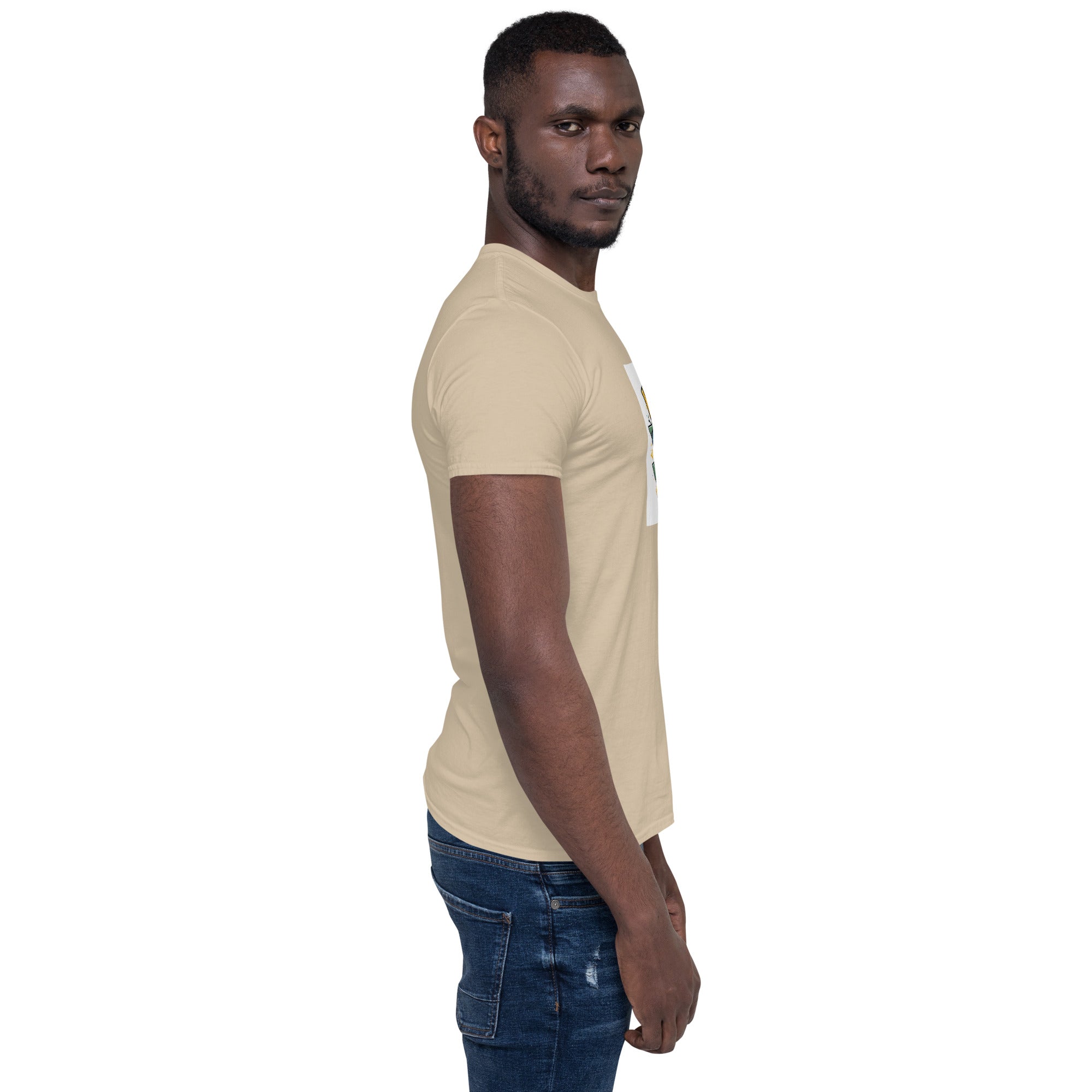 Sand unisex short-sleeve T-shirt, angled side view with sleeve visible