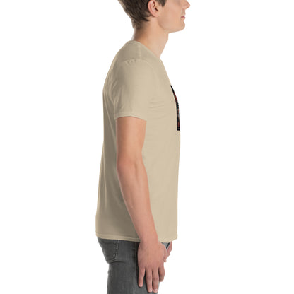 Sand/tan unisex short-sleeve T-shirt, side view with small graphic panel detail