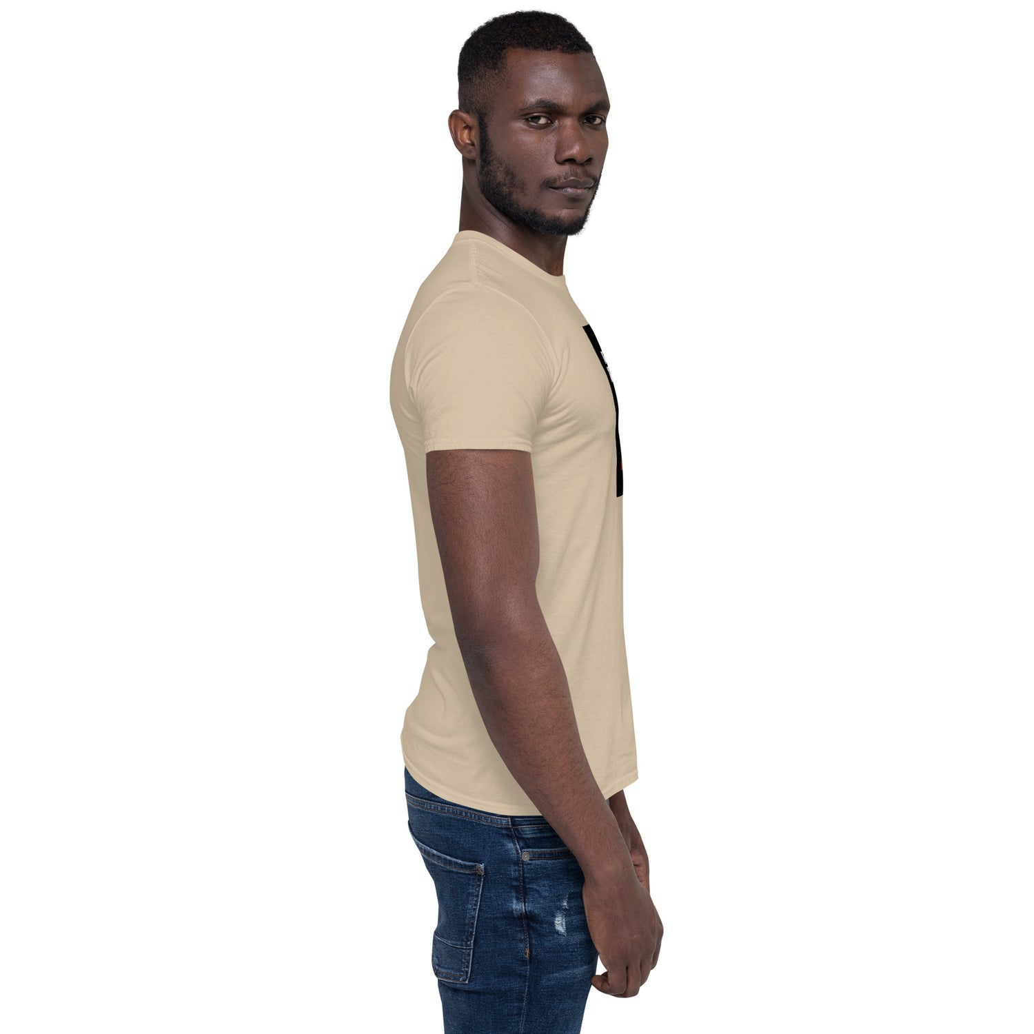 Unisex T-Shirt, sand/beige side profile with short sleeve hem and crew neck