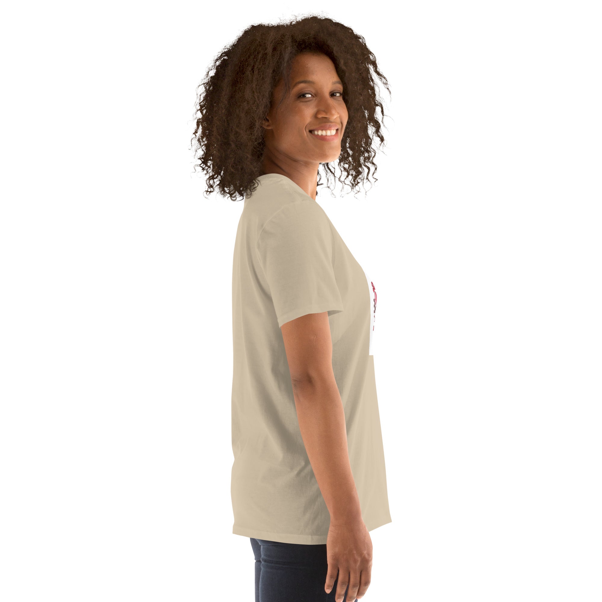 Unisex short-sleeve T-shirt sand/khaki side angle; heart graphic partly visible