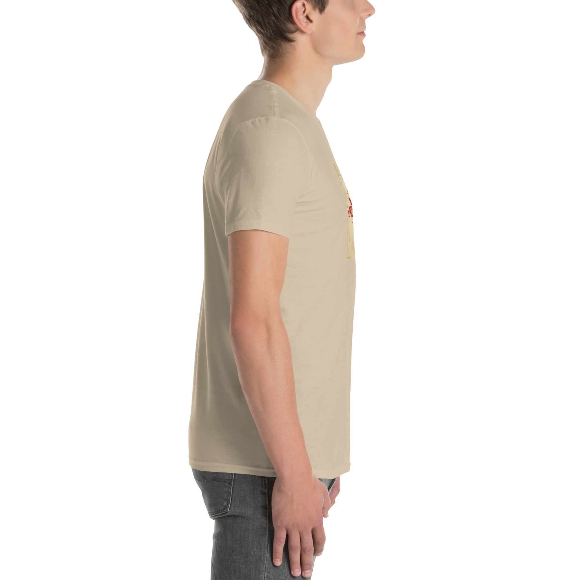 America Is A Scam T-shirt, natural/beige, side profile with small sleeve graphic