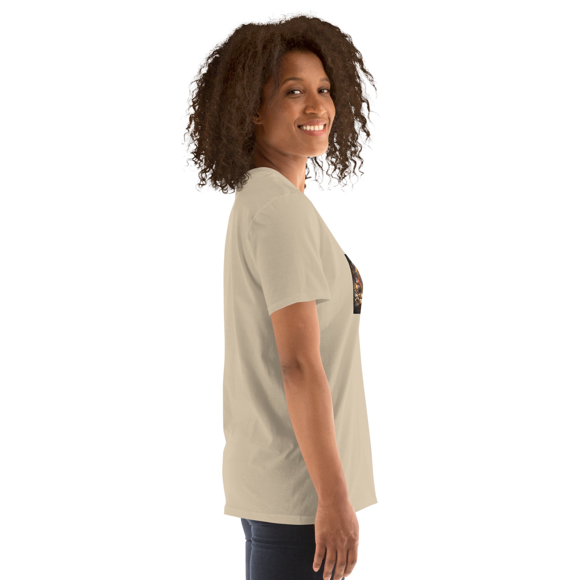Light beige T-shirt, side profile; crew neck and short sleeves.