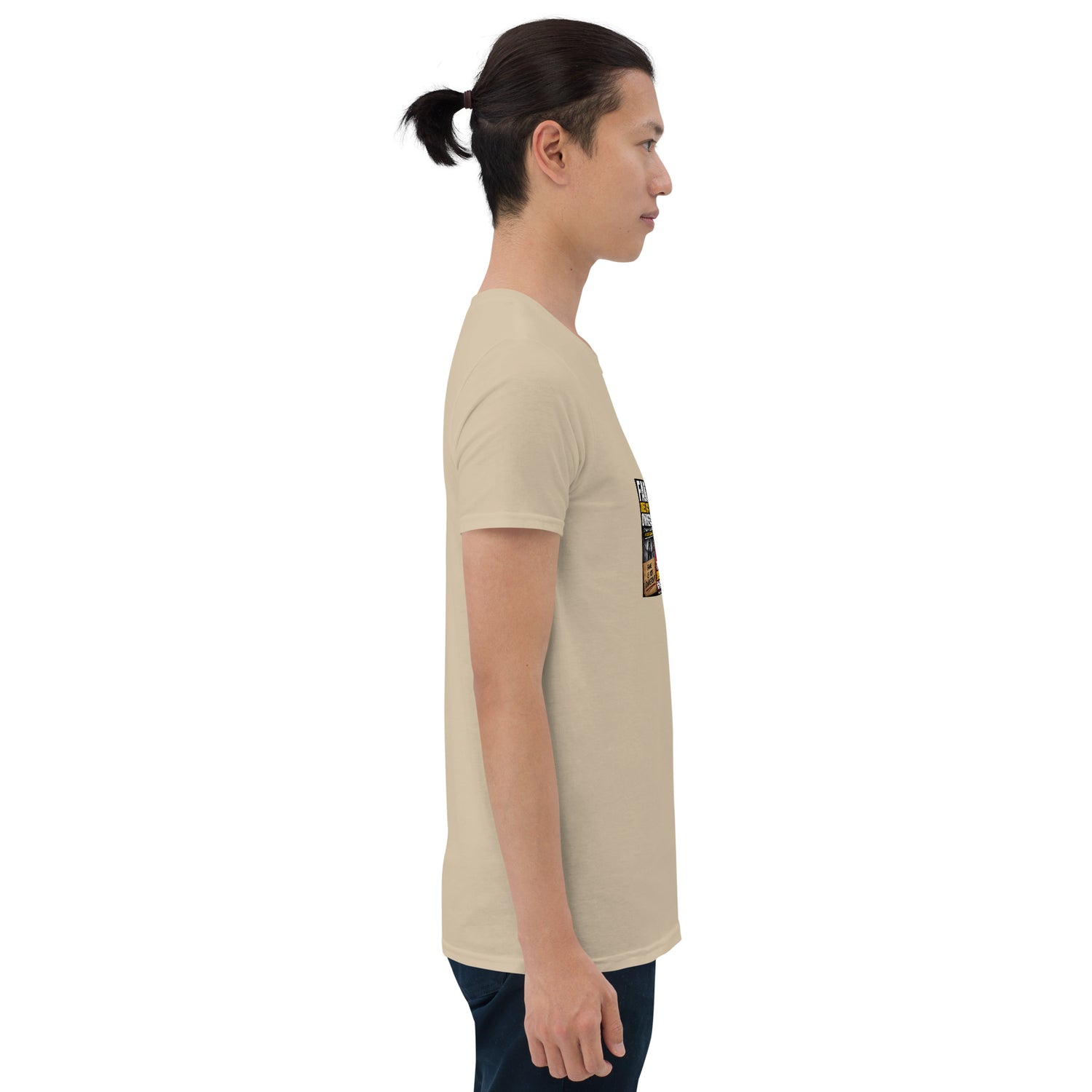 Unisex short-sleeve t-shirt, tan, side view, graphic on sleeve