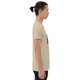 Unisex short-sleeve t-shirt, tan, side view, graphic on sleeve